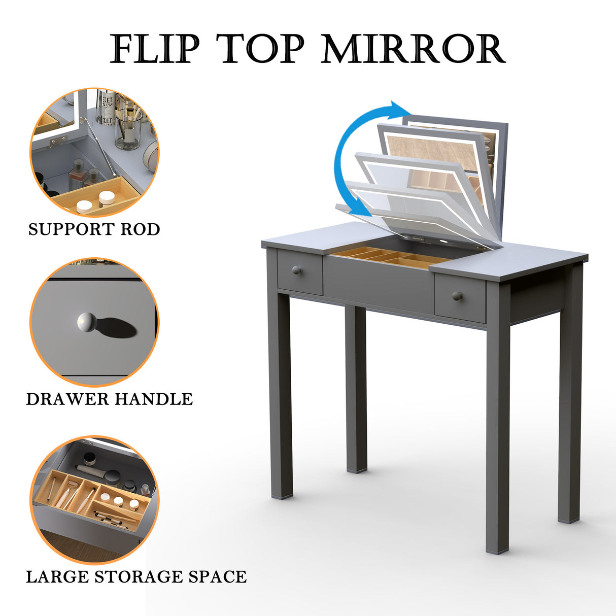 Grey vanity table with led lights, flip-top mirror and 2 drawers, jewelry storage