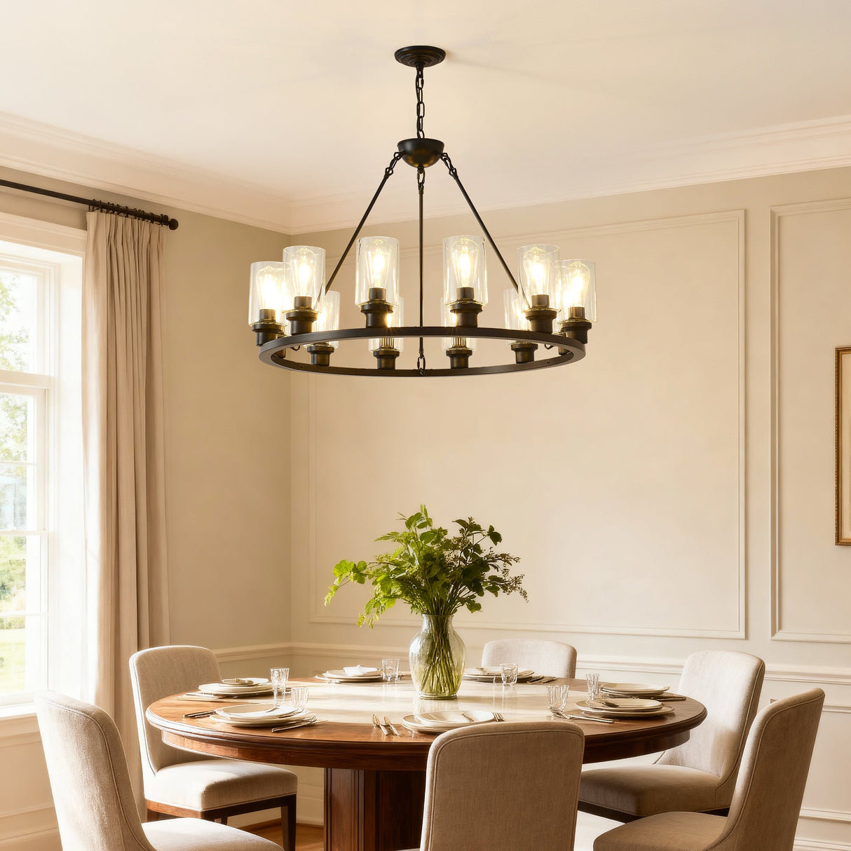Black Wagon Wheel Chandelier 31.5 Inch Modern Farmhouse Glass Pendant Light 12-Light Ceiling Hanging Lighting Fixtures for Living Room Dining Room Kitchen Island Foyer--NO INCLUDED BULBS