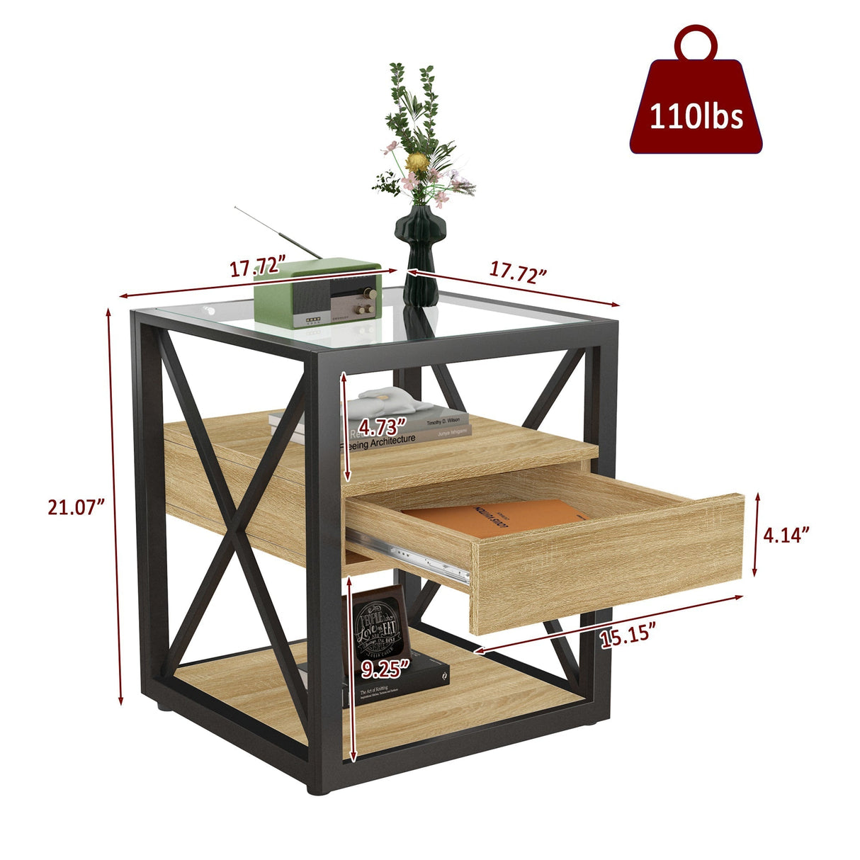 1 Piece Modern End Table with Drawer - Natural Wood & Tempered Glass