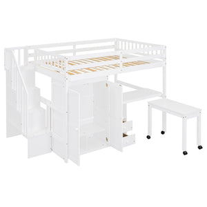 Loft Bed With Stairs, Bookshelf, Drawers, Desk & Wardrobe, Space Saving Multifunctional Furniture