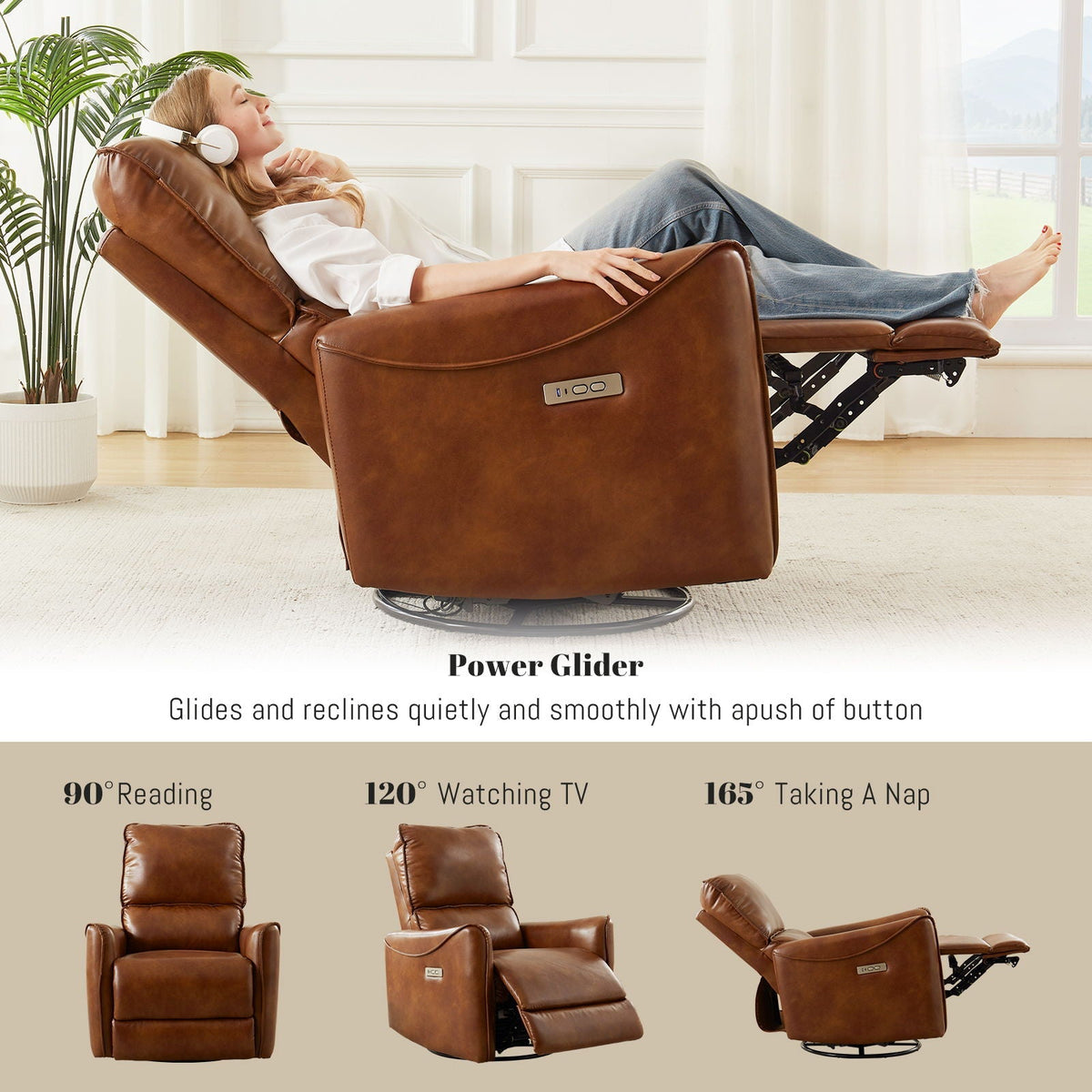 Electric Recliner Chair With Rocker And Swivel Function - Brown