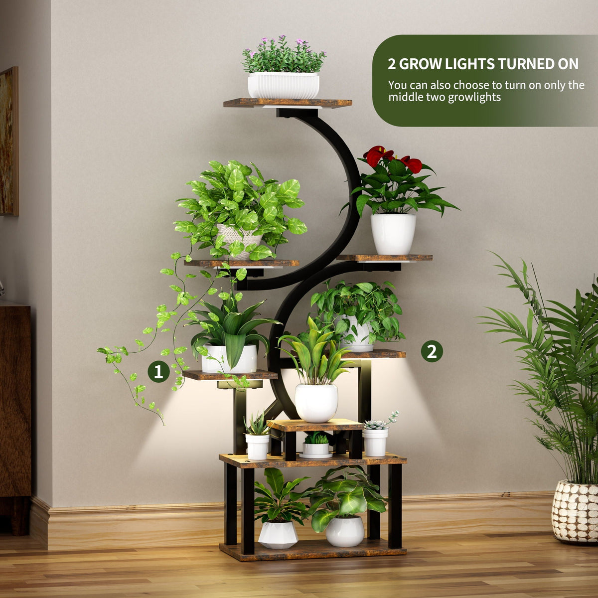 8 Tier Indoor Plant Stand With 5 Grow Lights - Rustic Brown