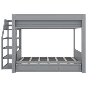 Wood Full Size Convertible Bunk Bed With Storage Staircase, Bedside Table, And 3 Drawers - Gray