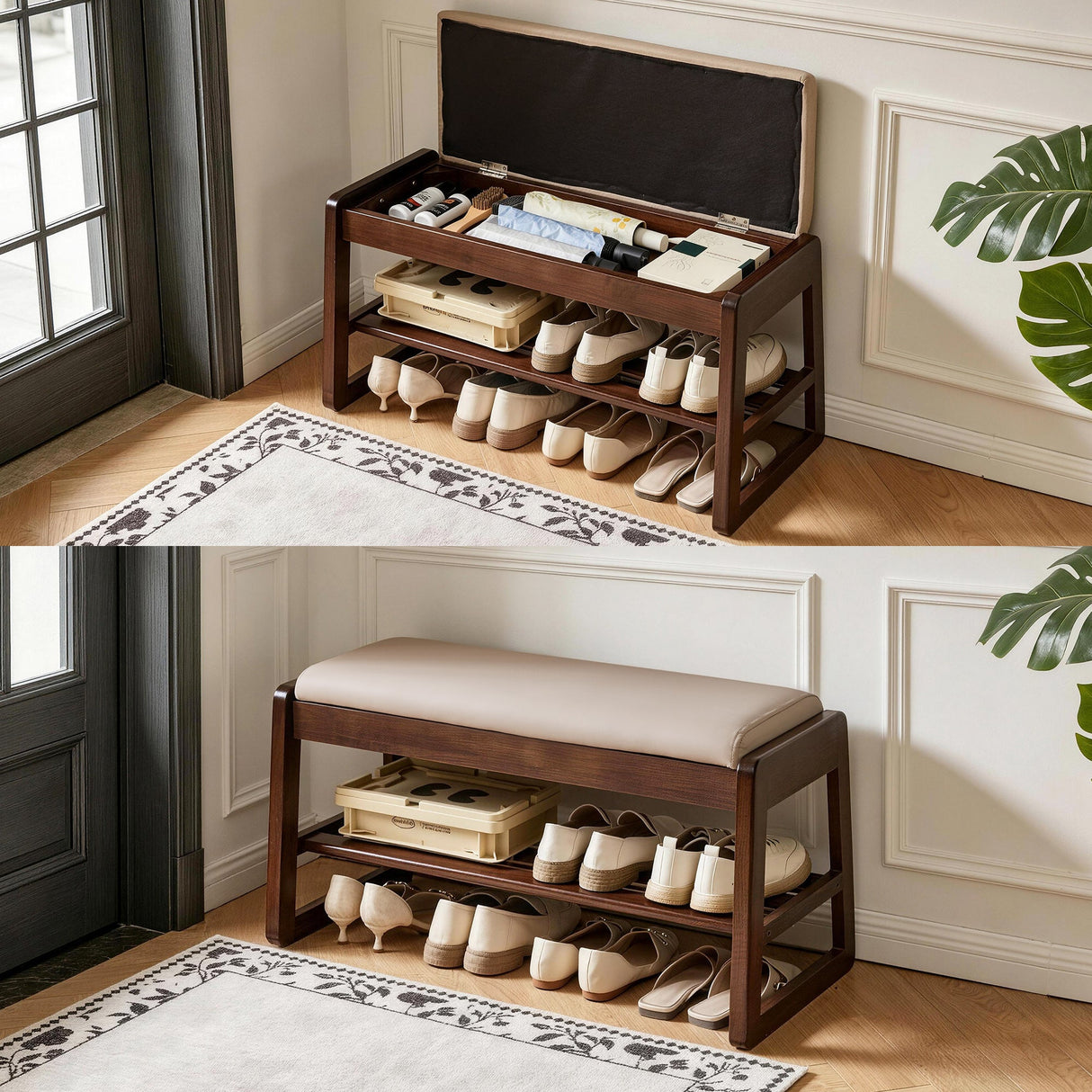 Wood Shoe Storage Bench with Premium Vegan Leather Seat