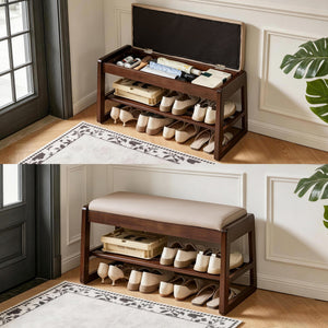 Wood Shoe Storage Bench with Premium Vegan Leather Seat