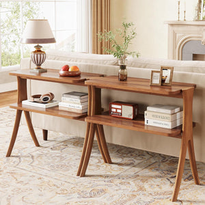 Narrow 2 Tier Side Slim Accent Table For Living Bedroom Or Entryway, Space Saving Furniture With Storage Shelf - Walnut