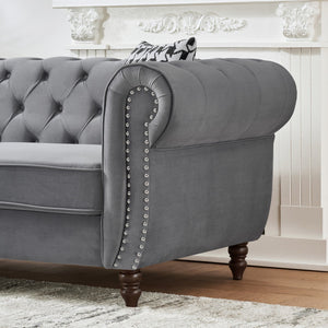 Chesterfield Upholstery Fabric Sofa With Roll Armrest & Nailhead