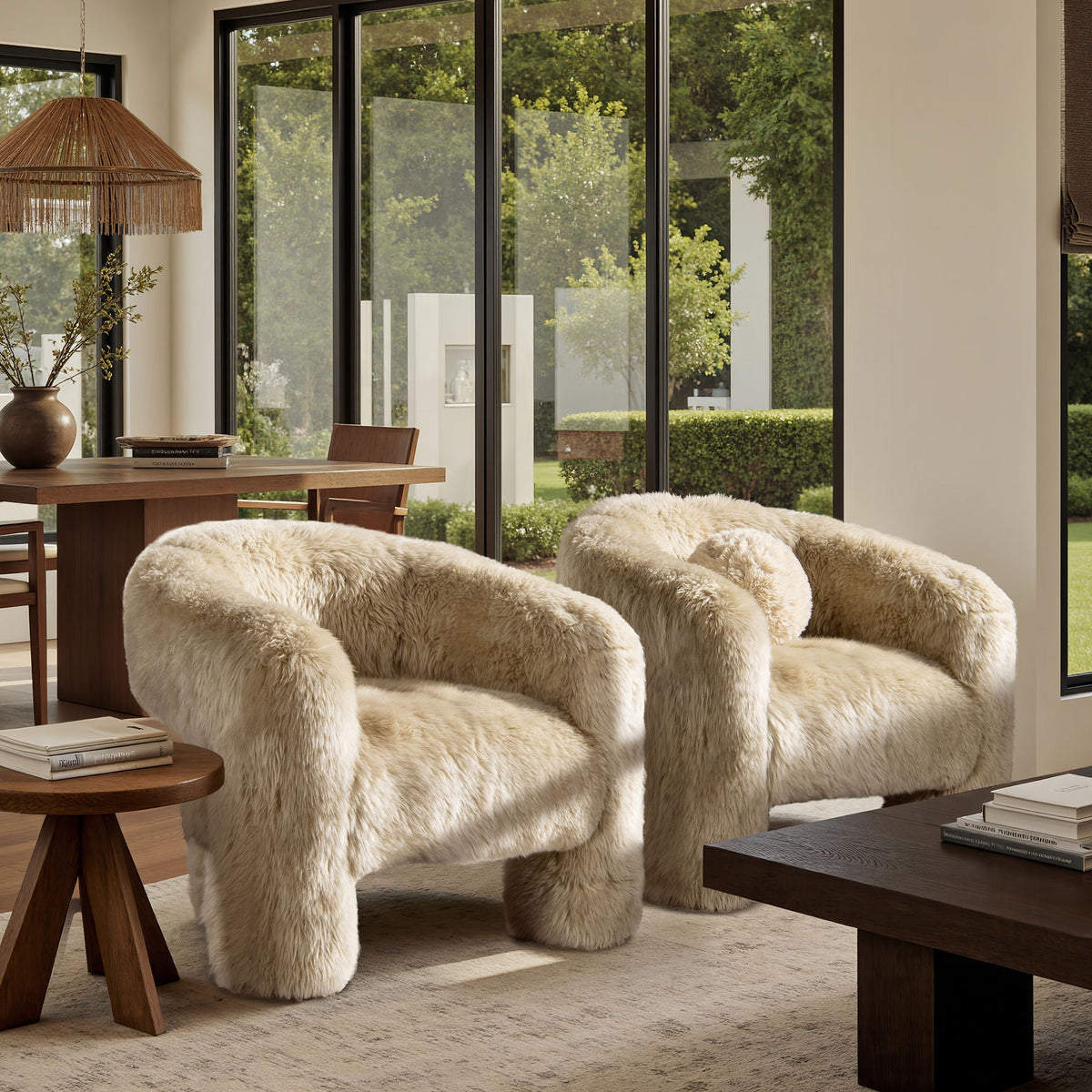 Genuine Sheepskin Fur Split Barrel Back Accent Chair with Sculptural Base - Natural Blonde