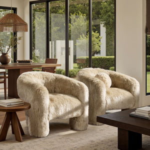 Genuine Sheepskin Fur Split Barrel Back Accent Chair with Sculptural Base - Natural Blonde