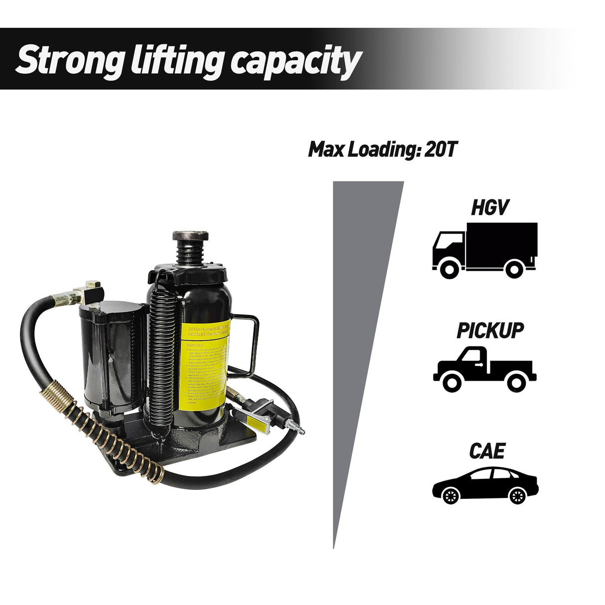 Air Hydraulic Bottle Jack, 20 Ton / 40000 Lbs, 10.23-20.07-Inch Lifting Range