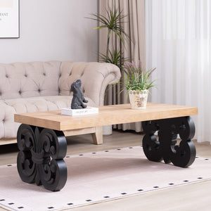 Black Scroll Base Coffee Table – 47' Rectangular Wood Living Room Table with Natural Top – Modern Farmhouse Accent Table – Elegant Centerpiece with Ornate Carved Design