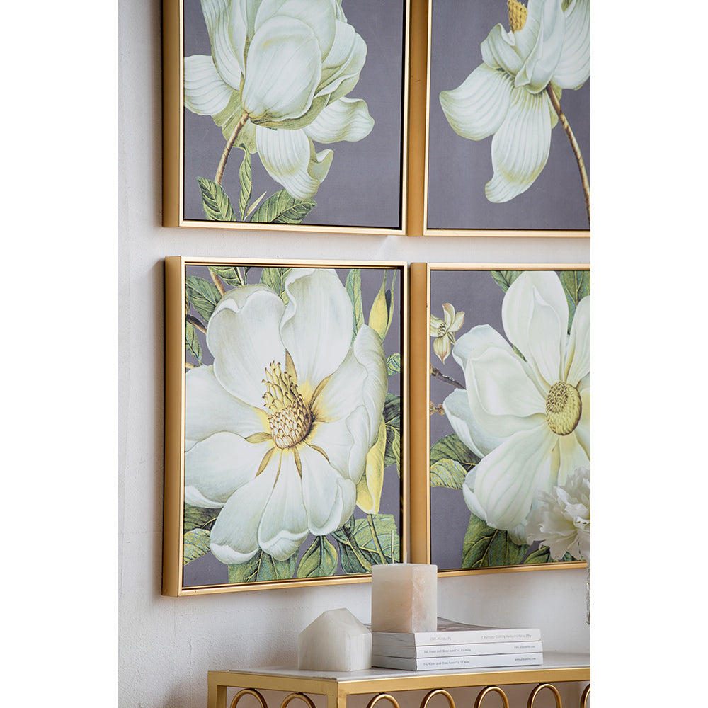 Set of 4 White and Gold Botanical Wall Art Prints, 20” x 20”