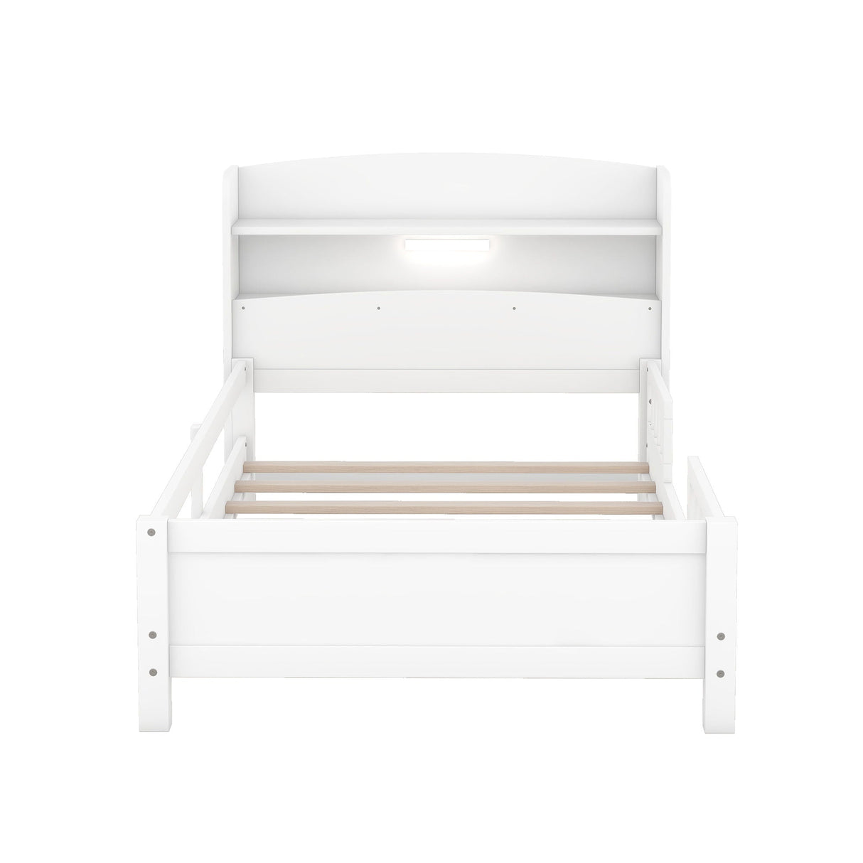 Wood Platform Bed With Built In LED Light, Storage Headboard And Guardrail
