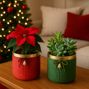 Red & Green Bell Christmas Ceramic Planter – Festive Textured Design
