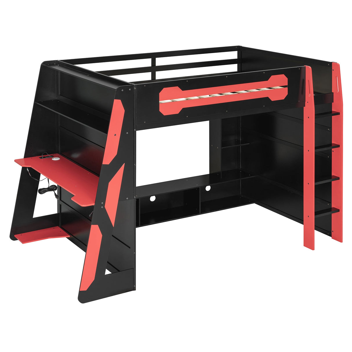 Full Size Wood Loft Bed with Desk, Multi-storage Shelves and RGB Light