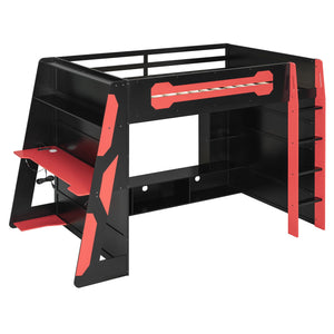 Full Size Wood Loft Bed with Desk, Multi-storage Shelves and RGB Light