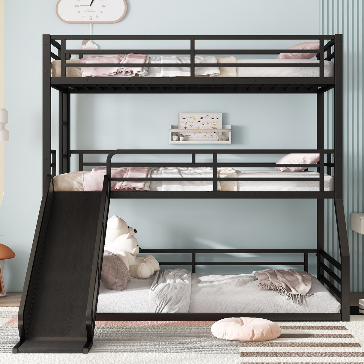 Twin Over Twin Over Full Bunk Bed with Slide