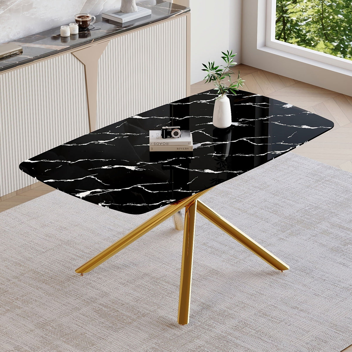 Luxurious Marble Patterned Dining Table With Metal Fork Legs