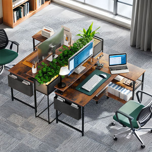 L-Shaped Gaming Desk With Power Outlets, Monitor Stand & Storage Shelves, Reversible Corner Workstation - Black / Brown
