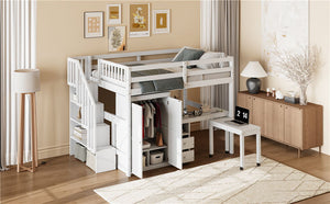 Loft Bed With Stairs, Bookshelf, Drawers, Desk & Wardrobe, Space Saving Multifunctional Furniture