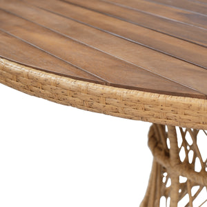 Durable Outdoor Dining Table with Round Acacia Wood Top and Wicker Base