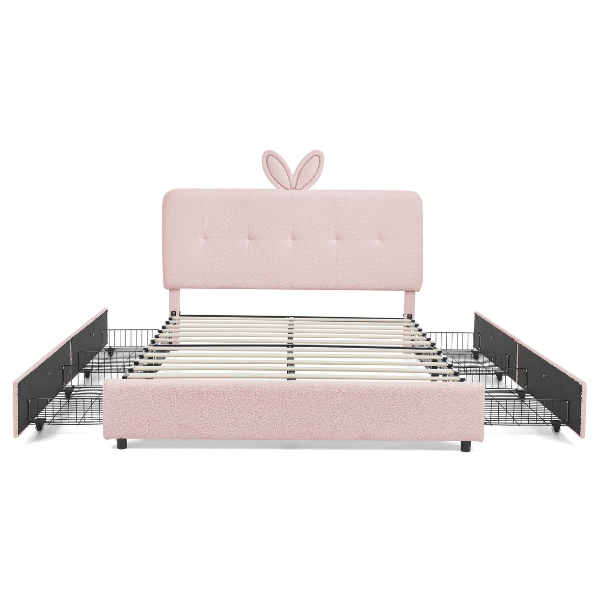 Upholstered Bed With Oversized Rabbit Ear Headboard, LED Lights & 4 Storage Drawers