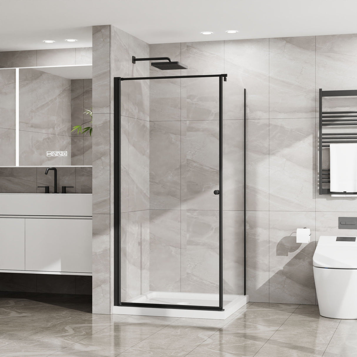Corner Shower Enclosure with Frameless Pivot Door in Matte Black