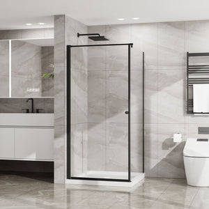 Corner Shower Enclosure with Frameless Pivot Door in Matte Black