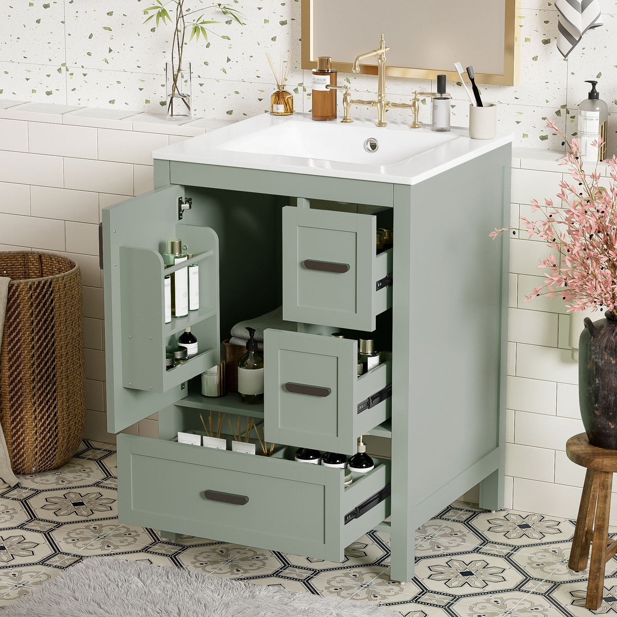 Bathroom Vanity with Sink, Soft-Close Doors & 3 Drawers - White, Black, Green