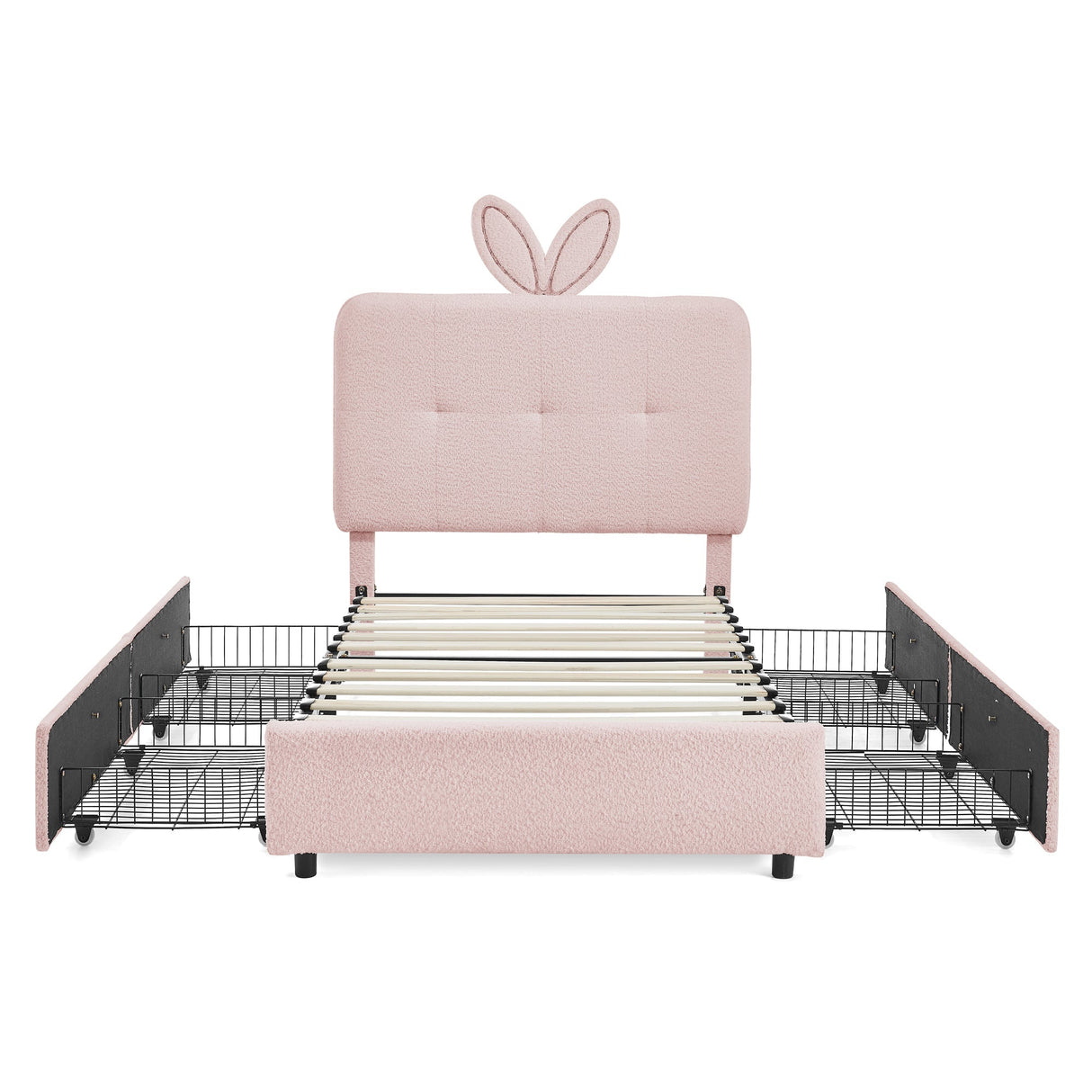 Twin Size Kids Upholstered Bed with Oversized Rabbit Ear Headboard, LED Light & 4 Storage Drawers, Boucle Fabric (79.5''X40.75''X41'')
