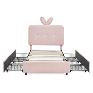 Twin Size Kids Upholstered Bed with Oversized Rabbit Ear Headboard, LED Light & 4 Storage Drawers, Boucle Fabric (79.5''X40.75''X41'')