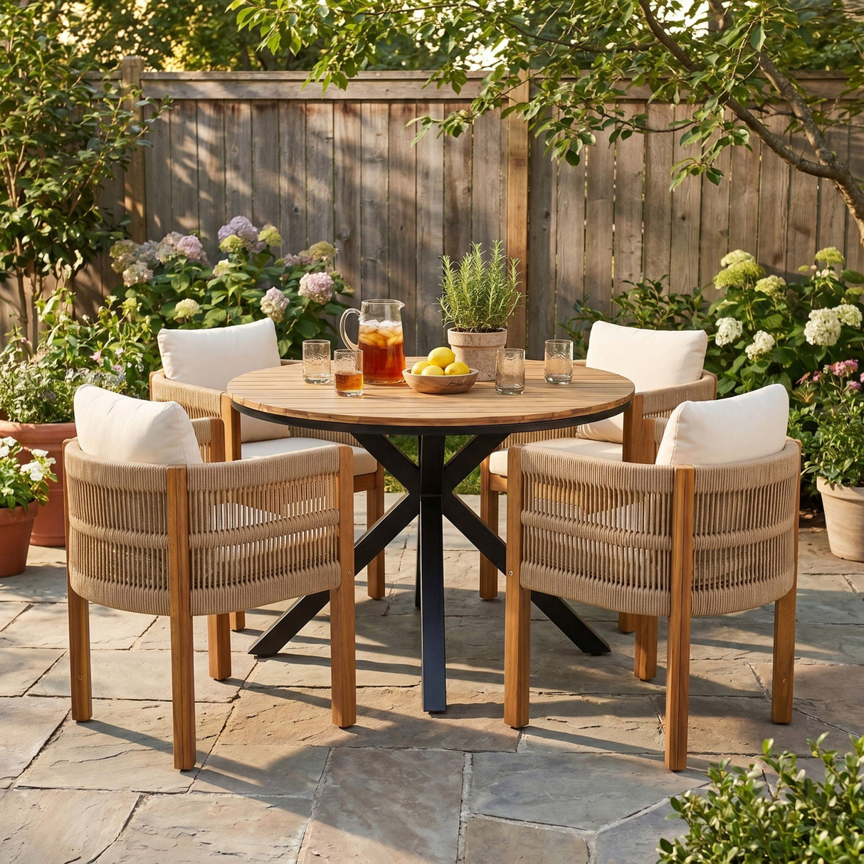 5 Piece Outdoor Dining Set With Round Table And 4 Wrapped Chairs - Black / Brown / Teak