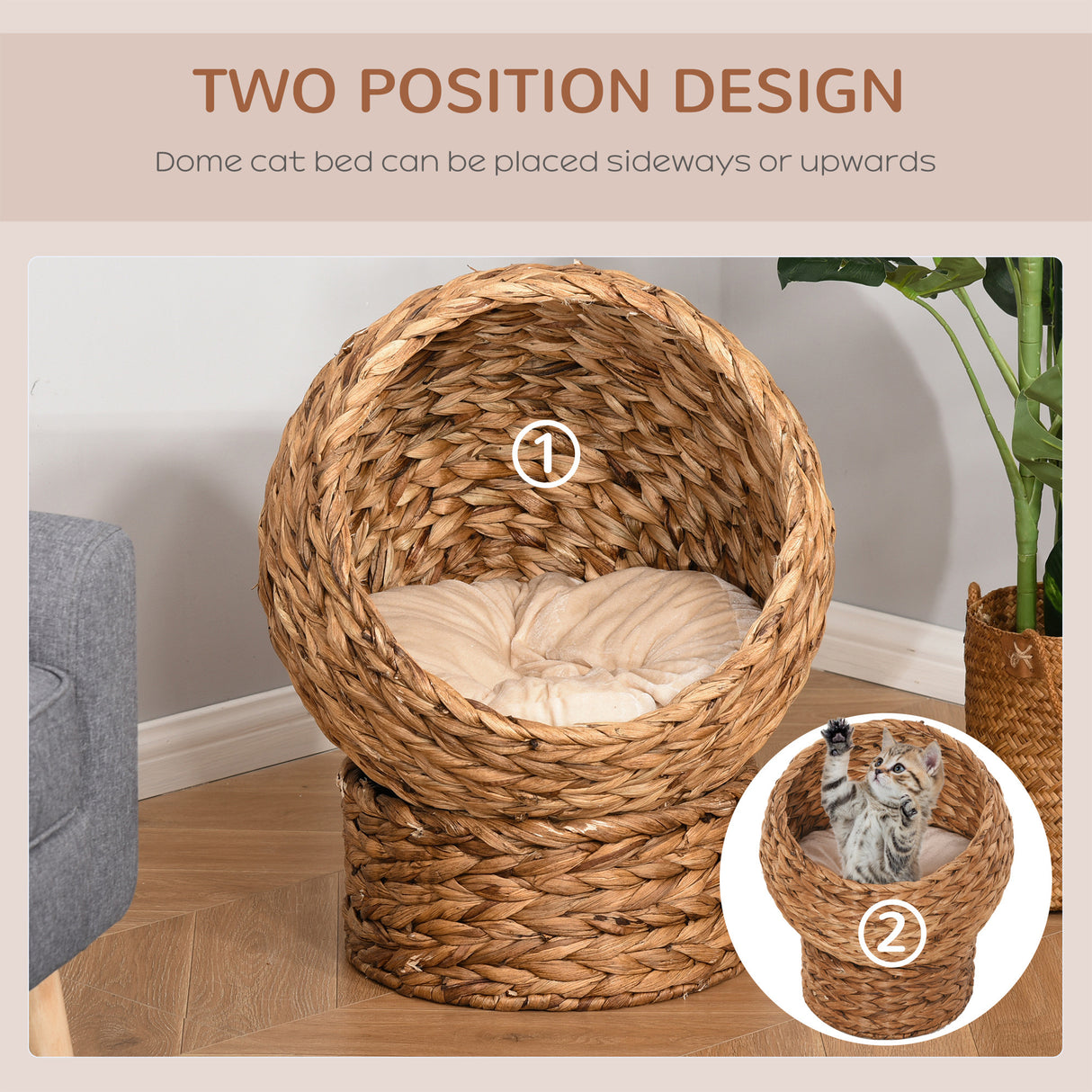 PawHut Wicker Egg Cat Bed with Cushion – Raised Indoor Cat Basket, 23.5" H, Brown