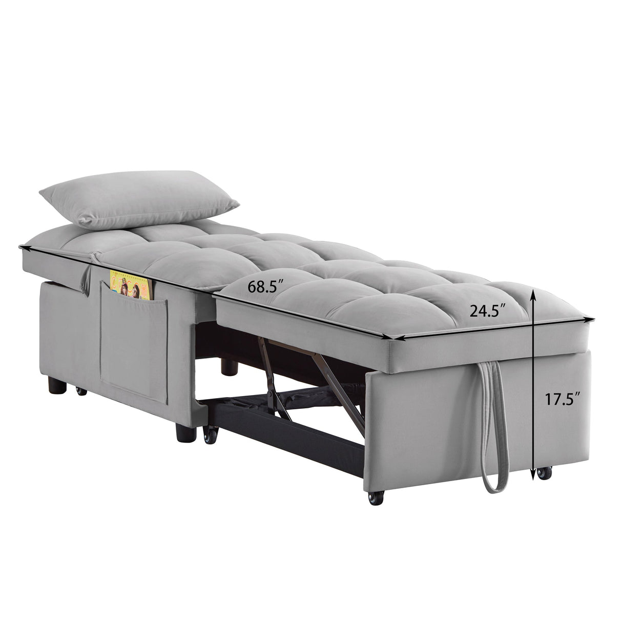4 in 1 Multi-Function Single Sofa Bed with Storage Pockets - Gray