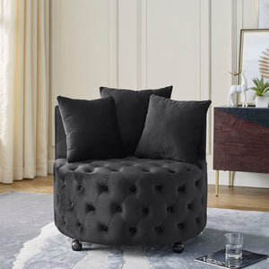 Modern Upholstered Swivel Chair With Button Tufted Design And Movable Wheels