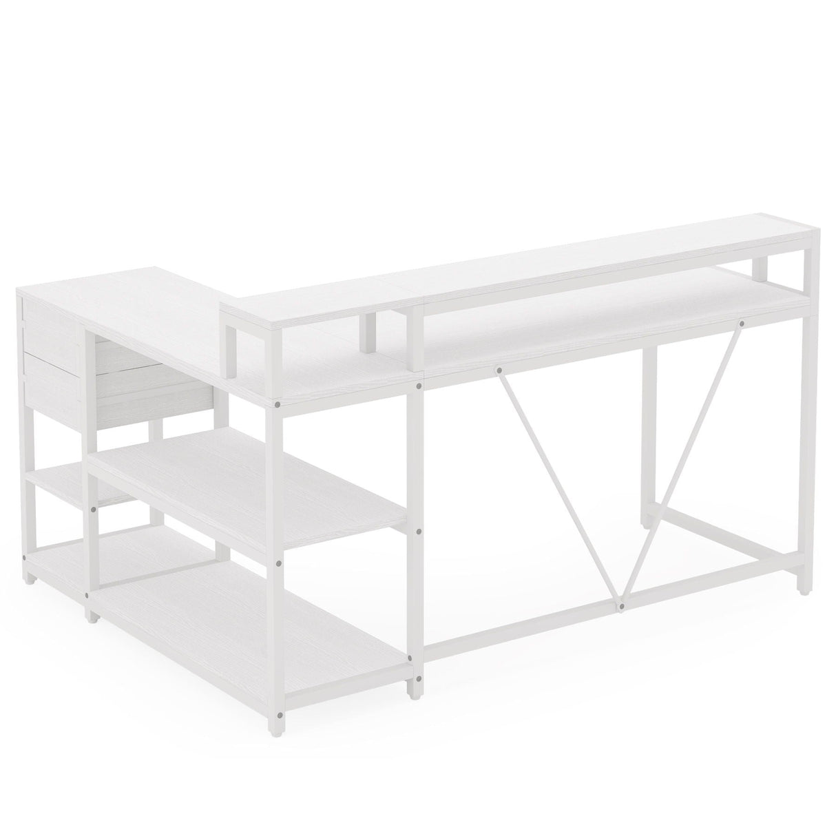 L-Shaped Home Office Desk With Monitor Riser, Drawers, And Storage Shelves