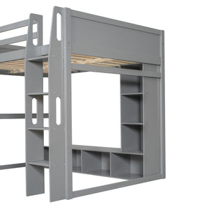 Gaming Loft Bed With Desk, Multi Storage Shelves, LED Lighting, And Hanging Clothes Rack