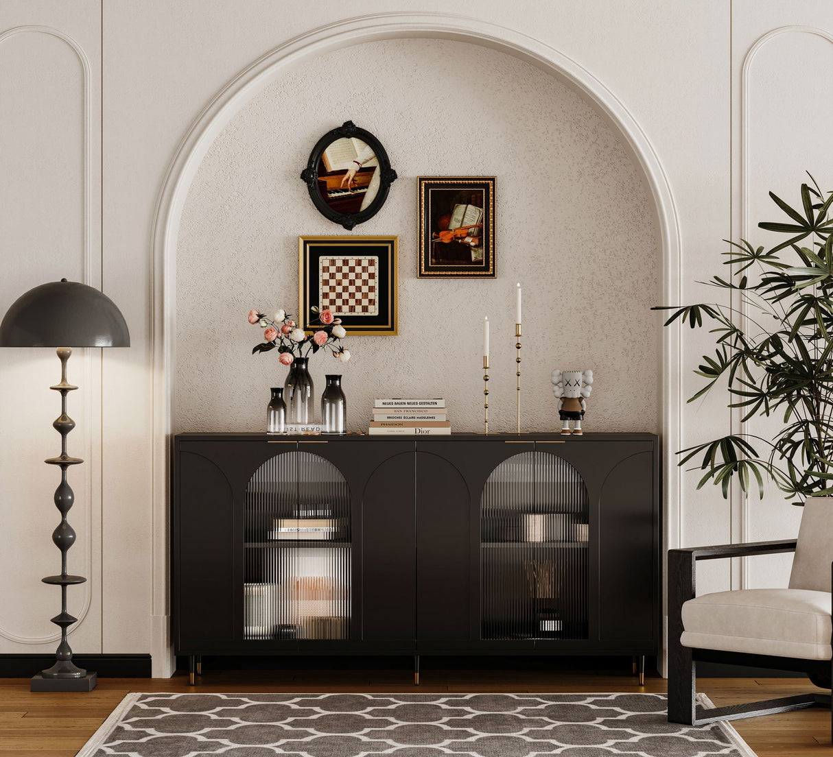 Accent Cabinet Lacquered Wooden Cabinet With 4 Glass Doors Sideboard Buffet Server Cabinet Storage Cabinet, For Living Room, Entryway, Hallway, Office, Kitchen And Dining Room
