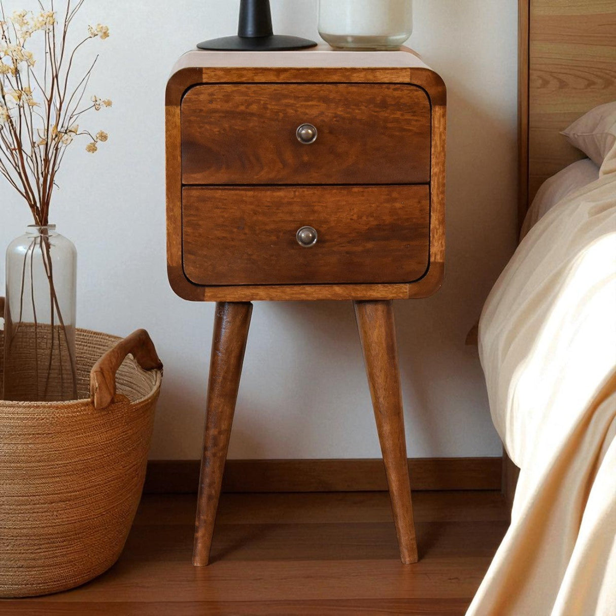 Soli Wood Mini Chestnut Curved Nightstand, 2-Drawers