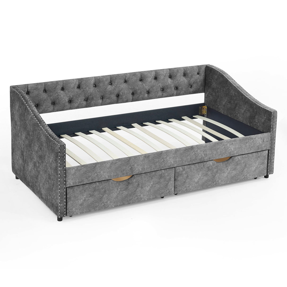 Upholstered Tufted Daybed With 2 Drawers, Waved Arms