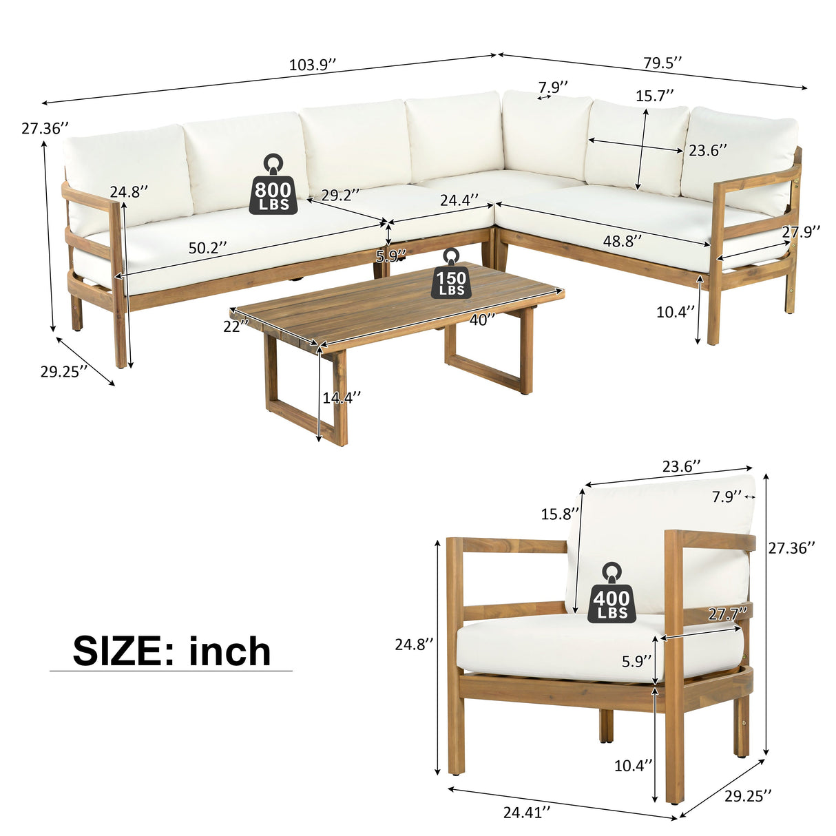 Outdoor Acacia Wood 7-Seater Sectional Sofa Set