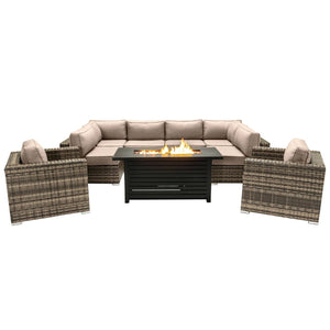 9 Piece Outdoor Sectional Set With Fire Pit Table And Cushions - Beige