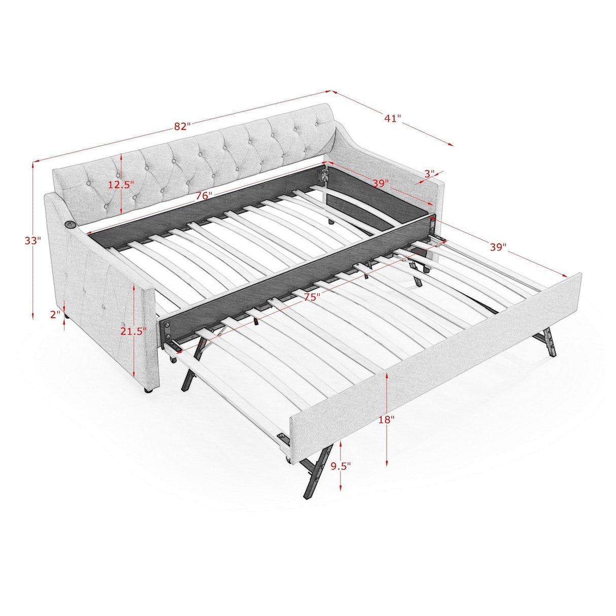 Size Upholstered Daybed With Trundle And USB Charging Armrest