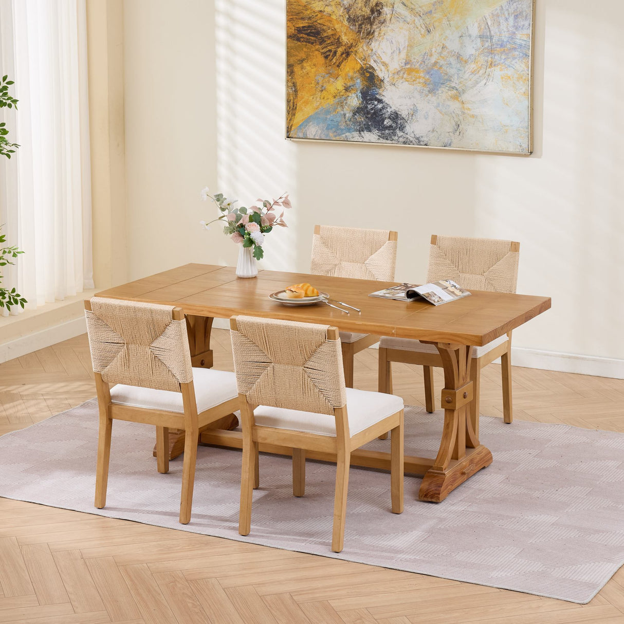 Mid-Century Modern Rope Rattan Dining Chairs Set of 2