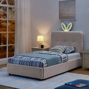 Twin Size Kids Upholstered Bed with Oversized Rabbit Ear Headboard, LED Light & 4 Storage Drawers, Boucle Fabric (79.5''X40.75''X41'')