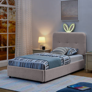 Twin Size Kids Upholstered Bed with Oversized Rabbit Ear Headboard, LED Light & 4 Storage Drawers, Boucle Fabric (79.5''X40.75''X41'')