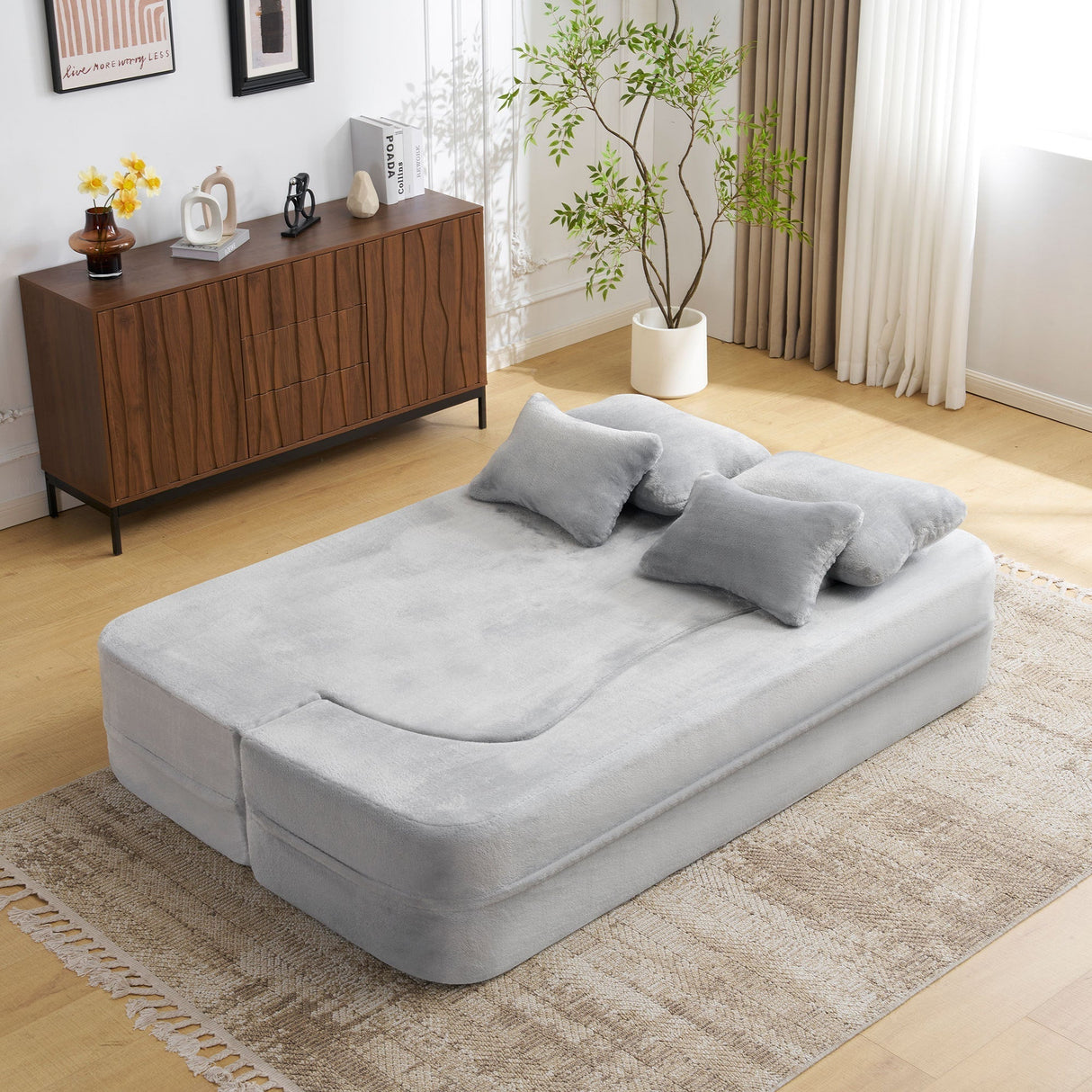 Queen Size Modern Light Grey Floor Sofa with 4 Pillows