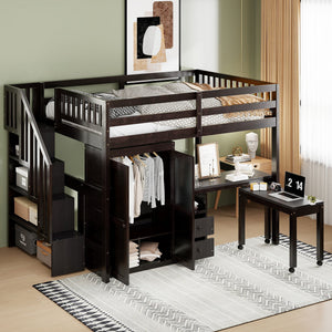 Loft Bed With Stairs, Bookshelf, Drawers, Desk & Wardrobe, Space Saving Multifunctional Furniture
