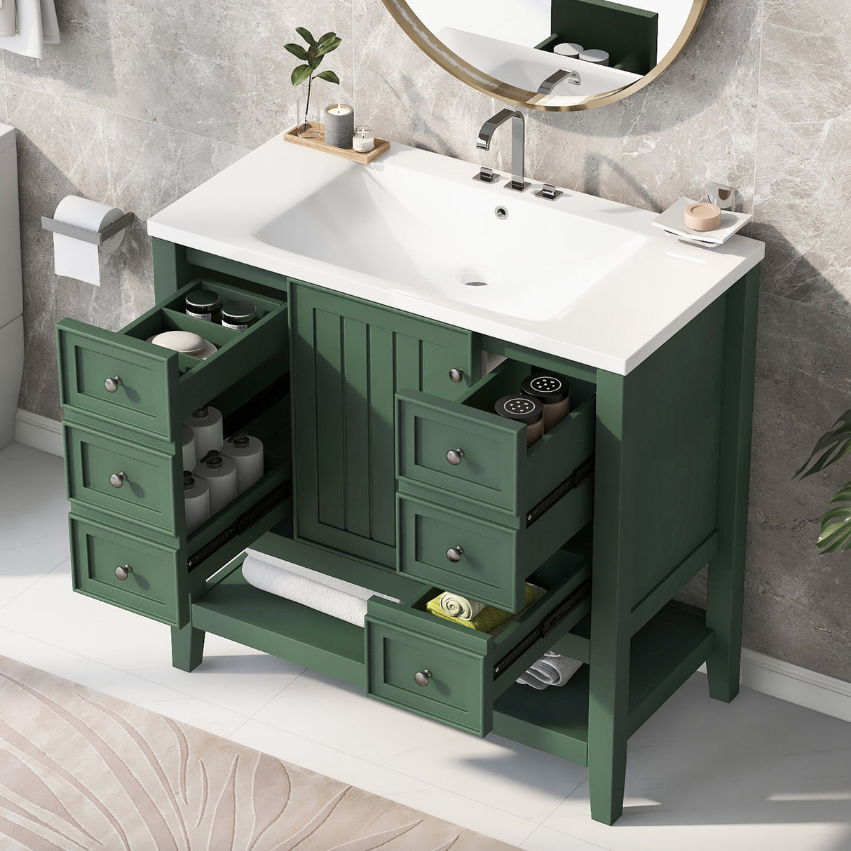 36" Green Freestanding Bathroom Vanity with Sink-Bold Beauty Meets Smart Function