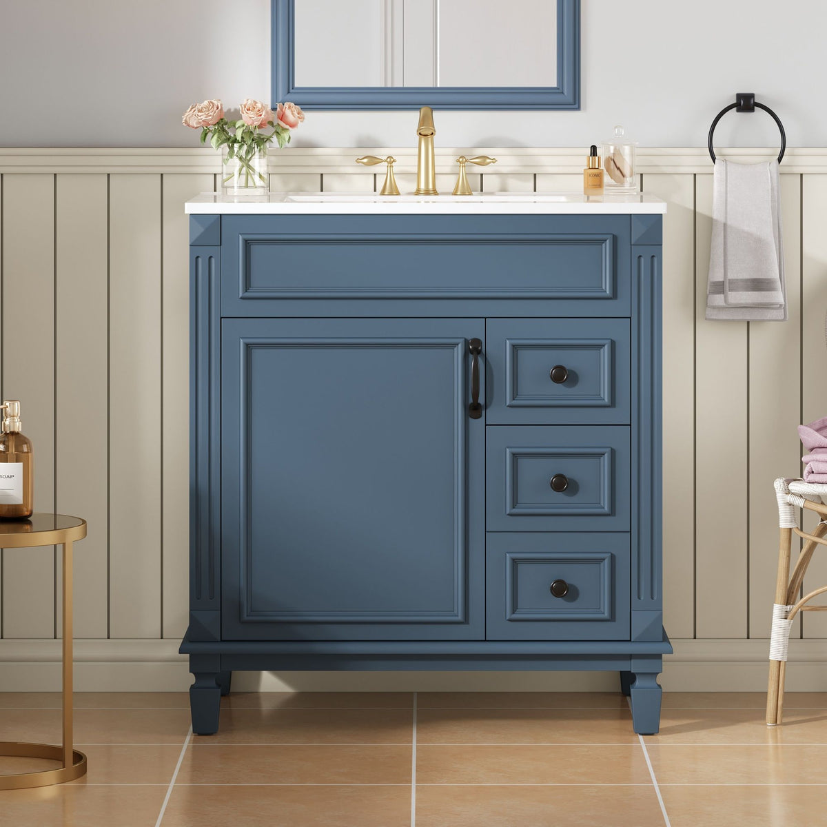 Bathroom Vanity with Ceramic Sink and Storage - White or Blue